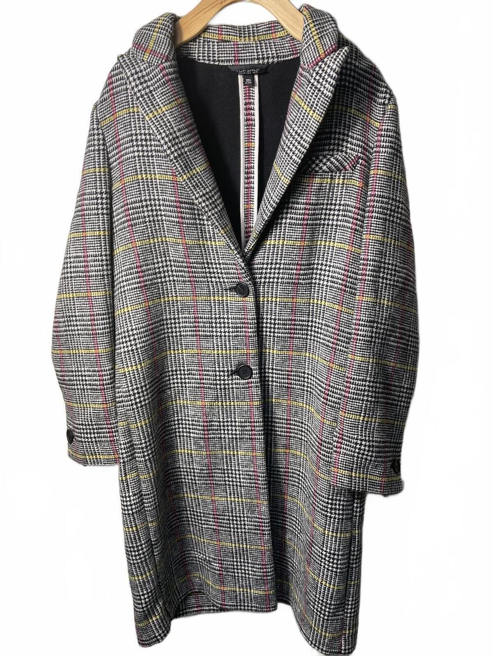 Top Shop Wool Plaid Long Pea Coat Button Up Womens Size 6 Gray Plaid Career Fall